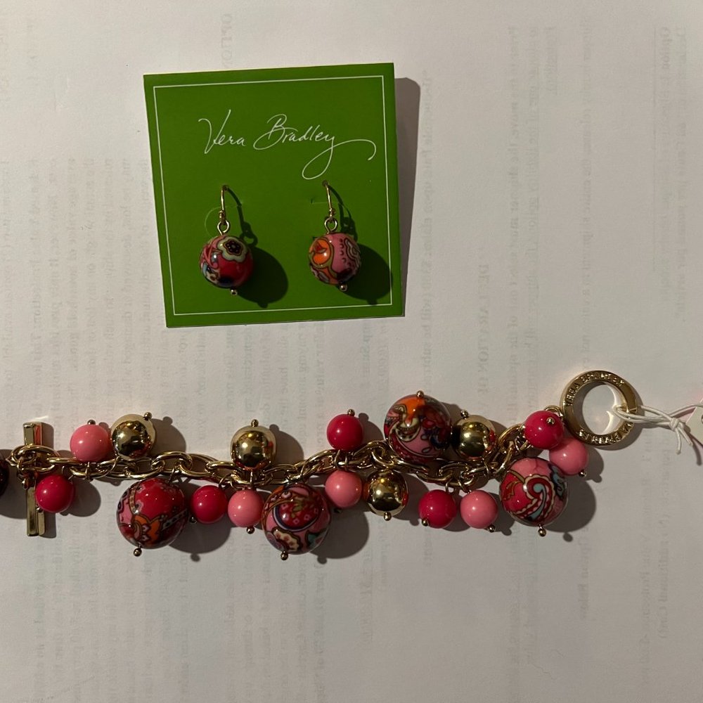 Vera Bradley Bauble Earrings and matching Bracelet, Pink Swirl Pattern
